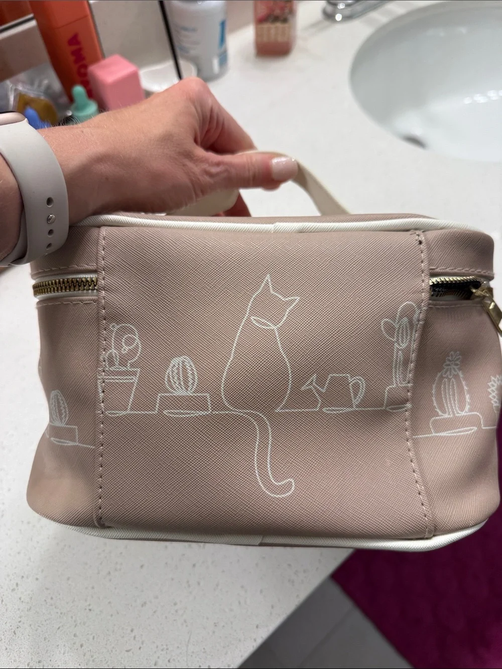 Beige Cat & Cactus Travel Cosmetic Case with Top Handle